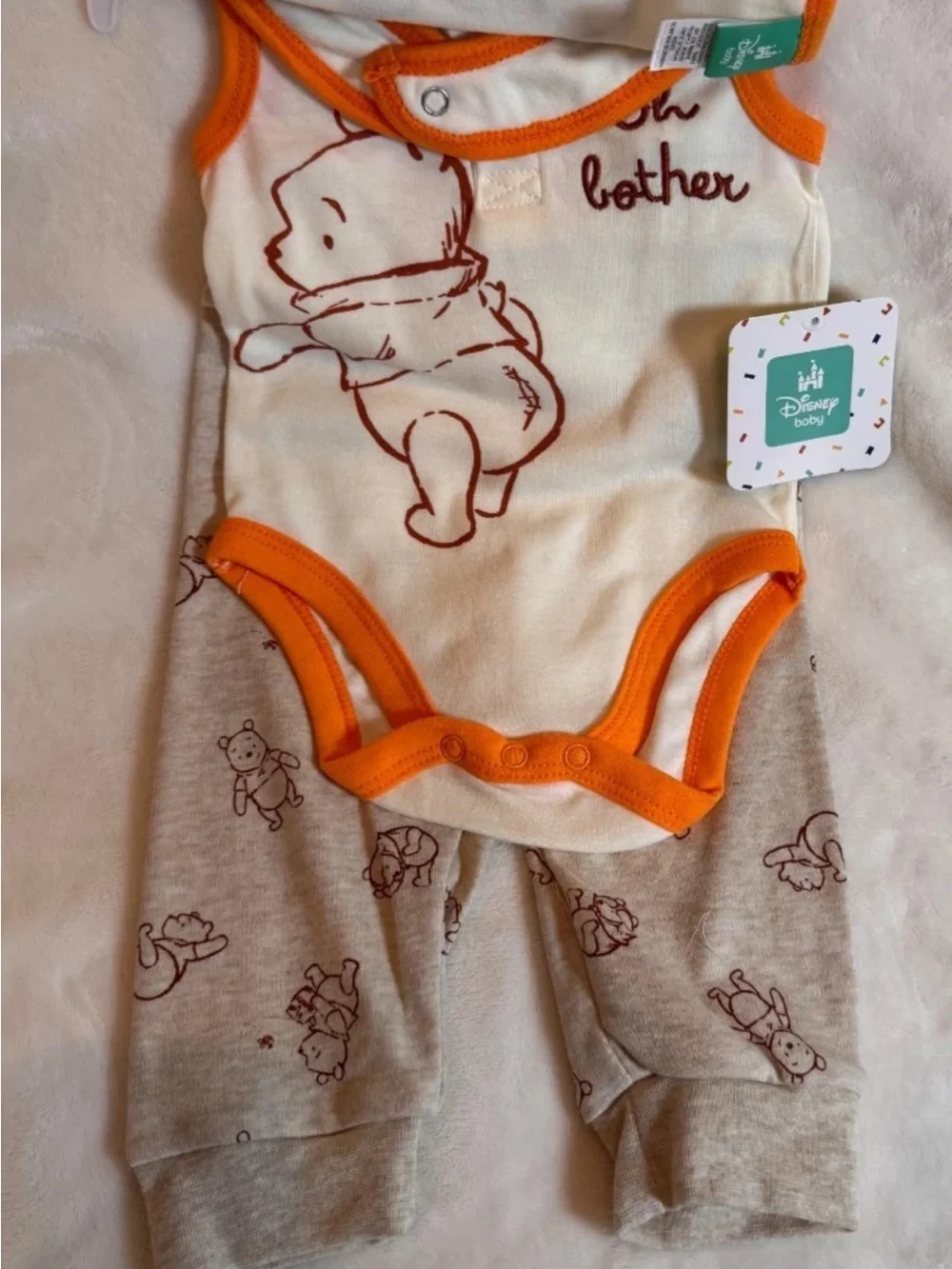 Disney Baby Winnie the Pooh 3 piece infant set Cream with Orange Trim NO HANGER
